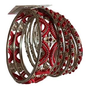 Kohl’s Red Silver Beaded Bangles One Size NWT
